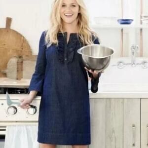 Draper James Cotton Chambray Ruffle Dark Wash Shift Silhoutte Shirt Dress Sz 12